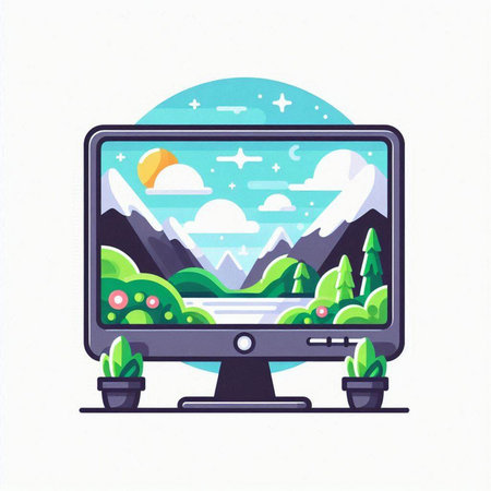 Vector illustration of a computer monitor with a mountain landscape on the screen.のイラスト素材
