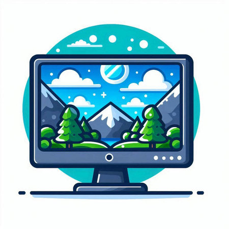 Vector illustration of a computer monitor with the image of mountains, trees and snowflakesのイラスト素材