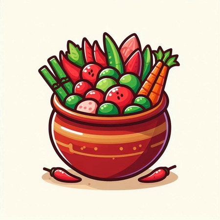 Illustration of a bowl full of fresh fruits and vegetables in cartoon styleのイラスト素材