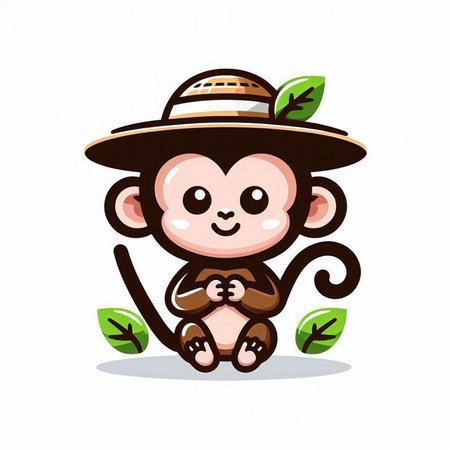 Cute monkey with hat and leaf on white background. Vector illustration.のイラスト素材