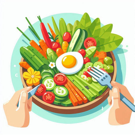 Vegetable salad with egg in a plate. Vector illustration.のイラスト素材
