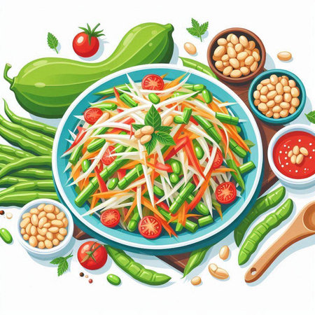 Vegetable salad with bean, papaya, carrot, green beans, cucumber and tomato. Vector illustration.のイラスト素材
