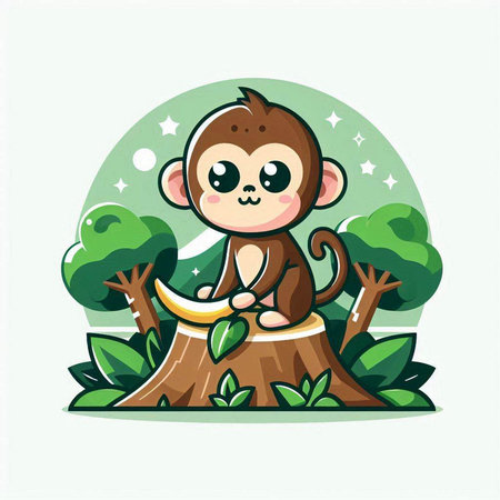 Cute monkey sitting on a tree in the jungle. Vector illustrationのイラスト素材