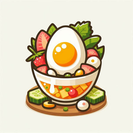 Vegetable salad with egg in bowl. Healthy food. Vector illustration.のイラスト素材