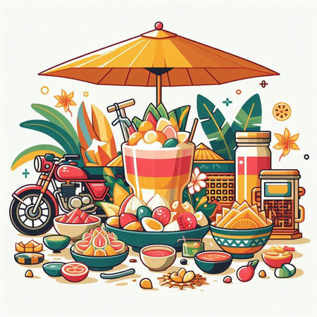 Colorful vector illustration of a set of Asian dishes and food.のイラスト素材