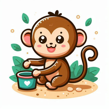 Cute cartoon monkey with a bucket of water. Vector illustration.のイラスト素材