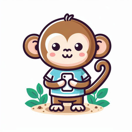 cute monkey with smart phone isolated on white background vector illustration.のイラスト素材