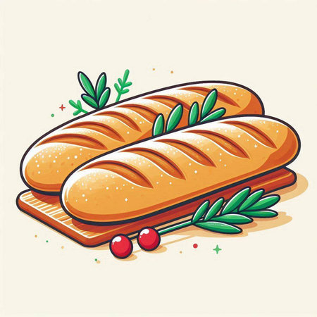 Illustration of a baguette with rosemary and cranberriesのイラスト素材