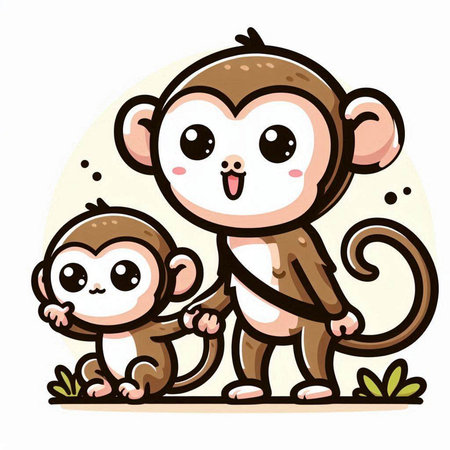 Cute monkey and little monkey on white background. Vector illustration.のイラスト素材
