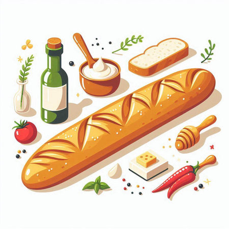 Baguette with cheese, olive oil, sour cream and herbs. Vector illustrationのイラスト素材