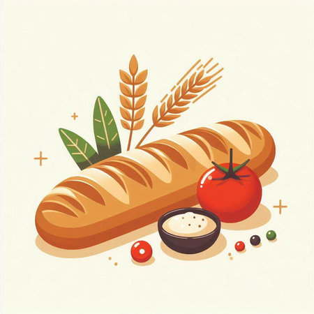 Baguette bread with tomato, onion and cucumber. Vector illustration.のイラスト素材
