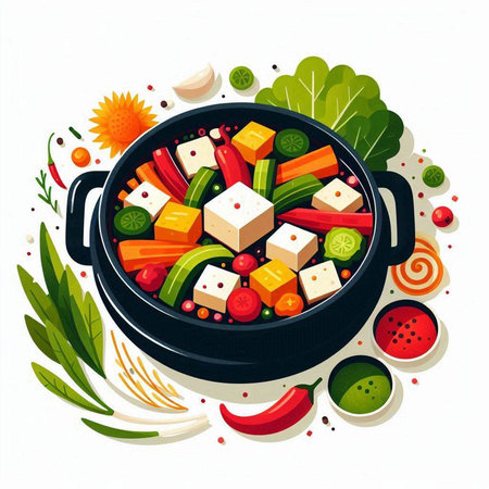 Vegetable salad with tofu, tomato, cucumber, bell pepper, onion and spices in a pan. Vector illustration.のイラスト素材