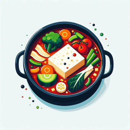 Vegetable soup with tofu in a pan. Vector illustration.のイラスト素材