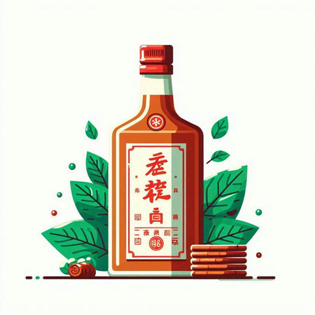 Illustration of a bottle of tequila with a lot of green leavesのイラスト素材