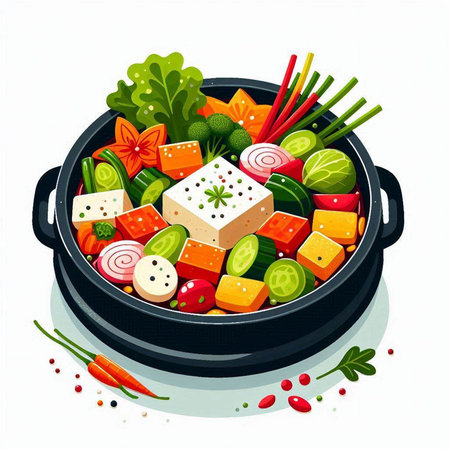 Vegetable salad with tofu, cucumber, parsley, onion, carrot, pepper, parsley in a pan. Vector illustration.のイラスト素材