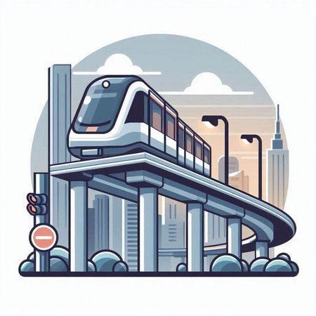 Modern high-speed train on the background of the city. Vector illustration.のイラスト素材