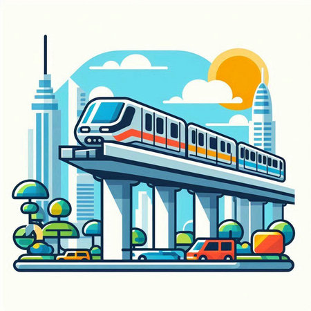 Modern high speed train in the city. Vector illustration in flat styleのイラスト素材