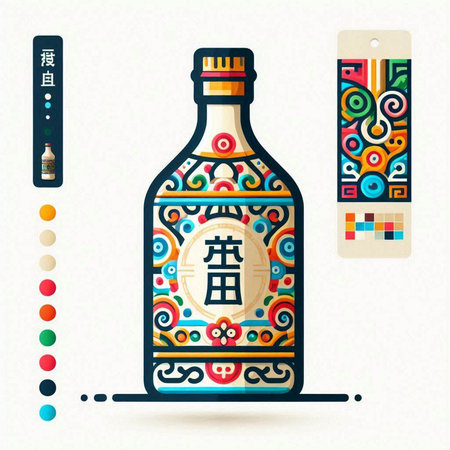 Bottle of sake with oriental ornaments. Vector illustration.のイラスト素材