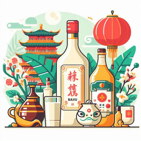 Chinese New Year flat vector illustration. Chinese traditional symbols, objects and symbols.のイラスト素材