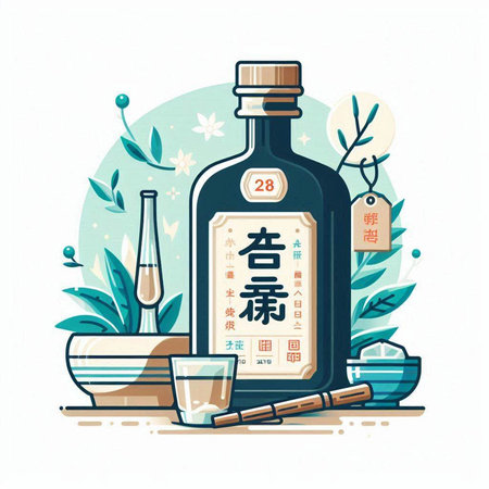 Japanese sake in a bottle and chopsticks. Vector illustration in flat style.のイラスト素材