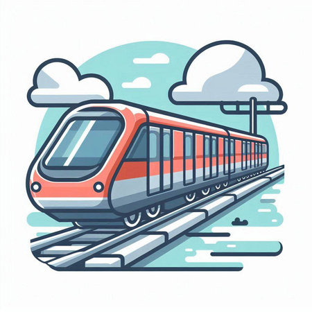 Train on the background of clouds and sky. Vector illustration in flat style.のイラスト素材