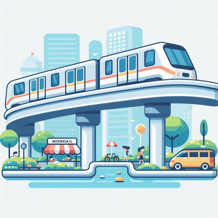High speed train in the city. Public transport. Vector illustration.のイラスト素材