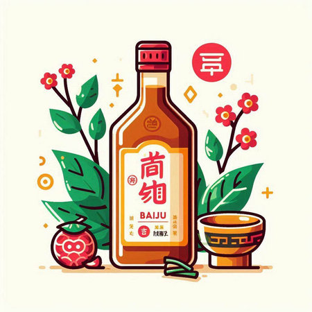 Chinese New Year Illustration of Bottle of Red Wine with Hieroglyphsのイラスト素材