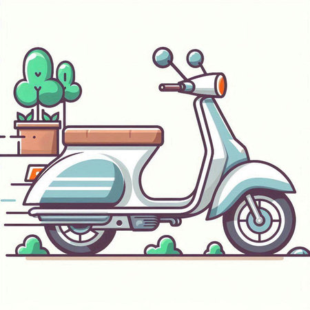 Vintage scooter on the street. Vector illustration in cartoon styleのイラスト素材