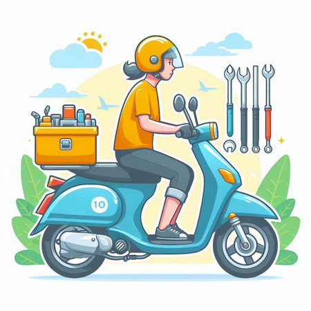 Vector illustration of a young woman on a scooter with a box of toolsのイラスト素材