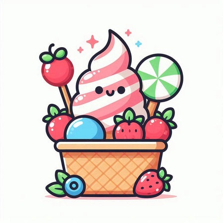 Cute ice cream in a wicker basket. Vector illustration.のイラスト素材