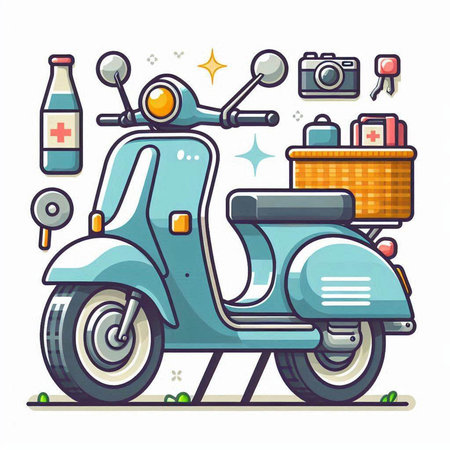 Vintage scooter with a basket of food. Vector illustration.のイラスト素材