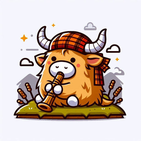 Cute bull playing flute. Vector illustration in cartoon style.のイラスト素材