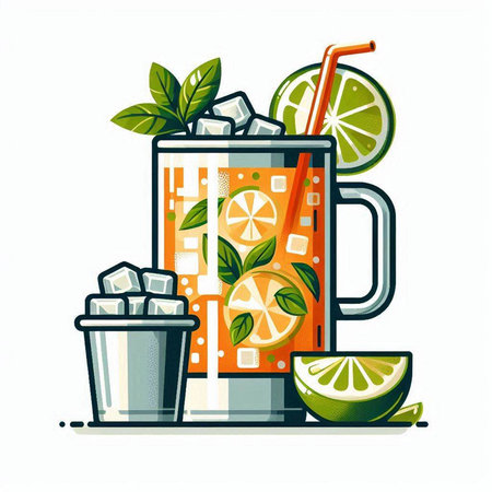 Mojito cocktail with lime, ice and straw. Vector illustration.のイラスト素材