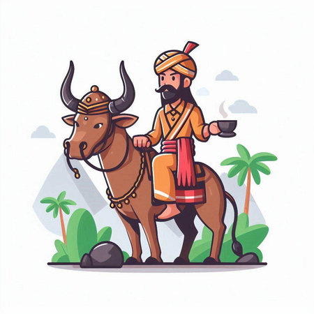 Vector illustration of a rajasthani man with a buffalo.のイラスト素材