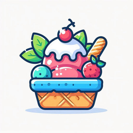 Cute ice cream in waffle basket. Vector cartoon illustration.のイラスト素材