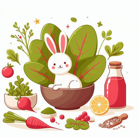 Cute cartoon rabbit with healthy food. Vector illustration for your designのイラスト素材
