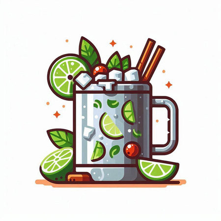 Cocktail drink with lime, mint and ice. Vector illustration.のイラスト素材
