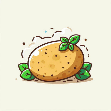 Potato vector illustration. Cute cartoon potato with green leaves.のイラスト素材
