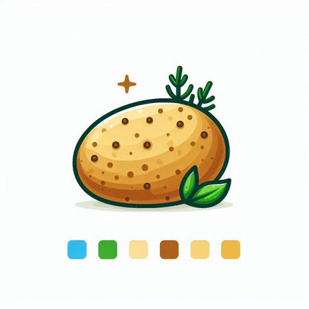 Potato icon. Vector illustration of a potato with a leaf.のイラスト素材