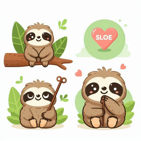 Cute cartoon sloth character set with different emotions. Vector illustration.のイラスト素材