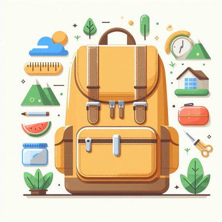 Vector illustration of backpack in flat style. Travel and tourism concept.のイラスト素材