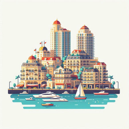 Modern cityscape with skyscrapers and boats. Vector illustration.のイラスト素材