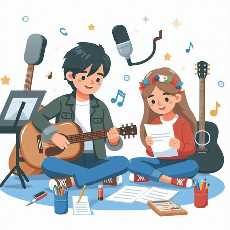 Vector illustration of a boy and girl singing, playing guitar and singing together.のイラスト素材