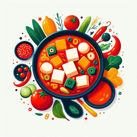 Vegetable soup with tofu, cucumber, tomato, pepper, parsley, onion and spices. Vector illustration.のイラスト素材
