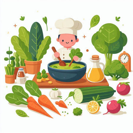 Cartoon chef cooking vegetable soup in bowl. Healthy food concept. Vector illustrationのイラスト素材