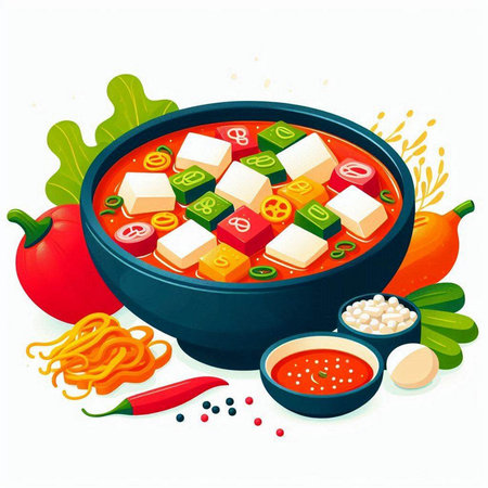 Vegetable soup with tofu and vegetables in a bowl. Vector illustration.のイラスト素材