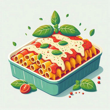 Illustration of a lasagna with tomato sauce and basil leaves.のイラスト素材
