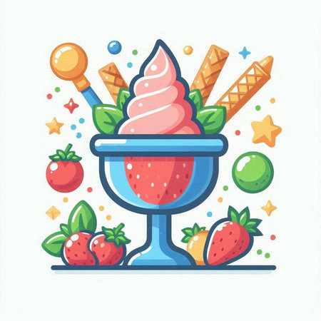 Ice cream with strawberries and waffle cones. Vector illustration in flat styleのイラスト素材