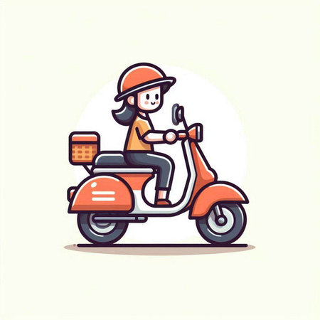 Vector illustration of a woman riding a scooter on white background.のイラスト素材