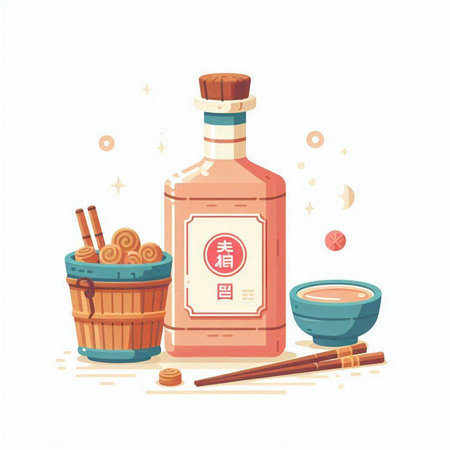Japanese food vector illustration in flat style with tequila bottle, chopsticks and bowl.のイラスト素材